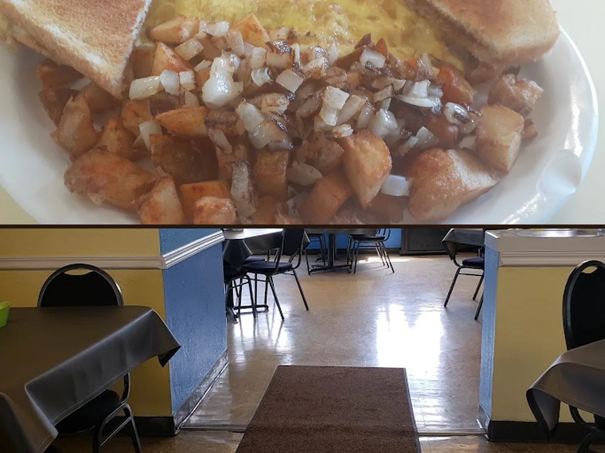 Comfortable restaurant seating in a small-town setting.